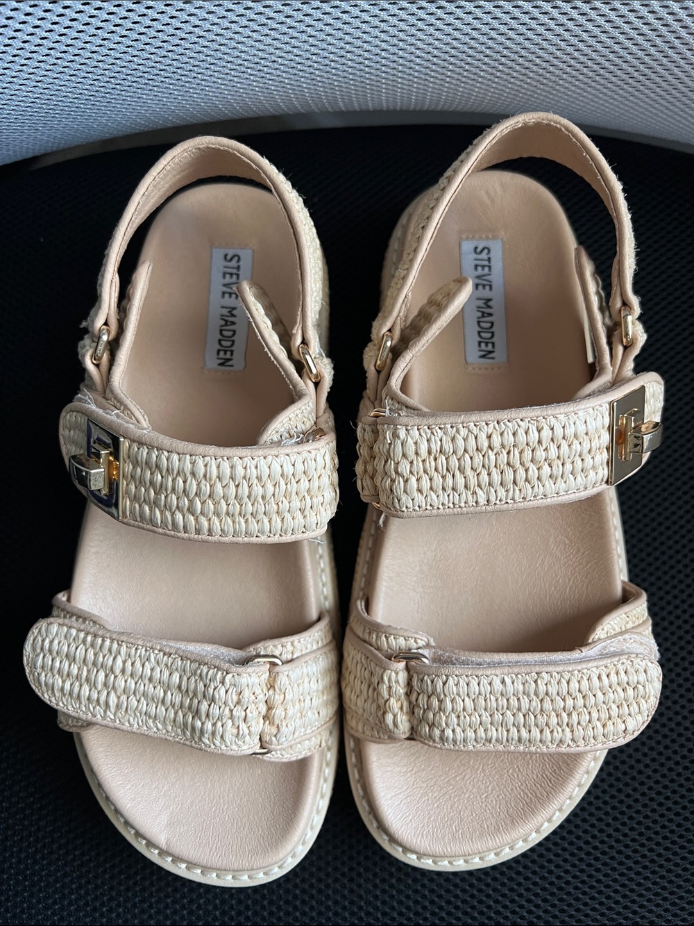 Steve Madden Women’s 8M Beige Woven Strap Sandals with Gold Buckle